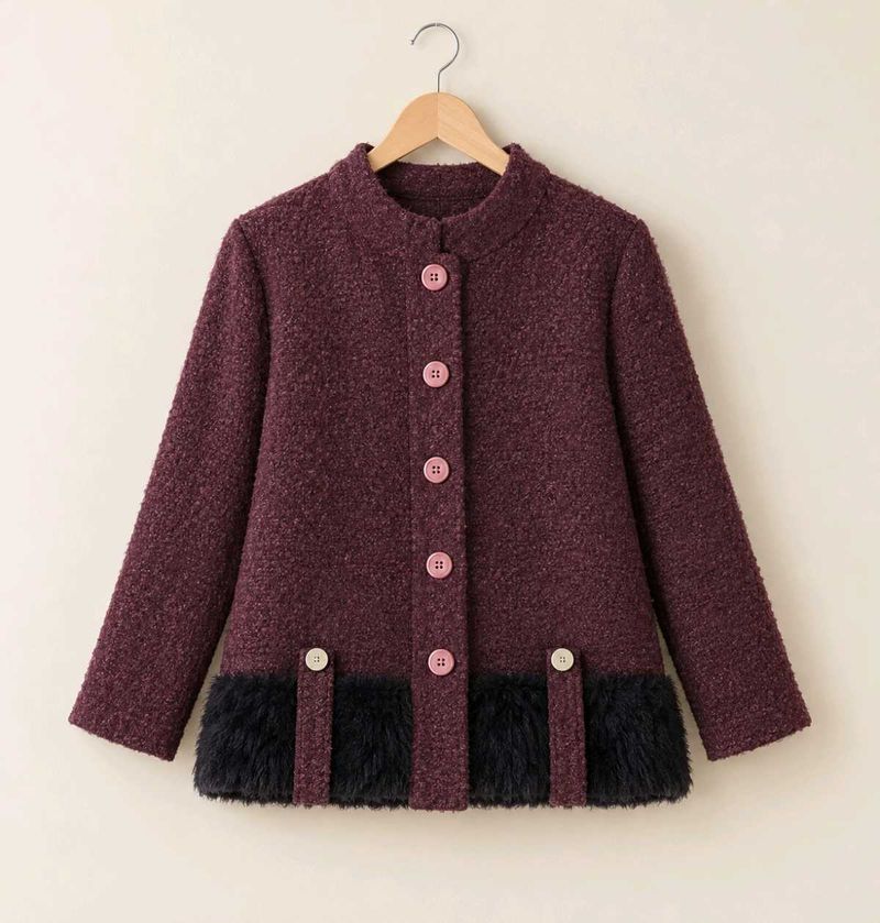 Chic Maroon Textured Jacket with Faux Fur Trim