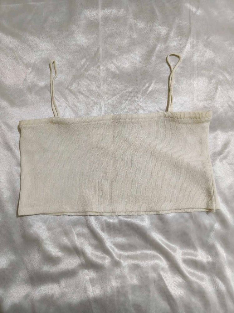Cream Ribbed Spaghetti Strap crop top