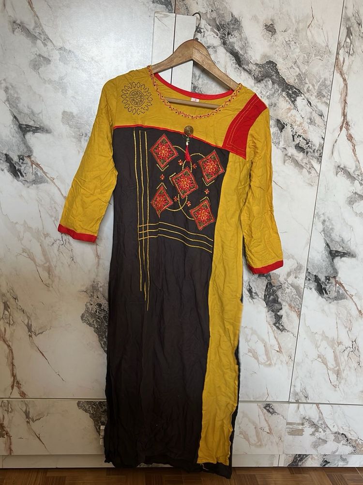 Yellow and Brown Embroidered Kurta