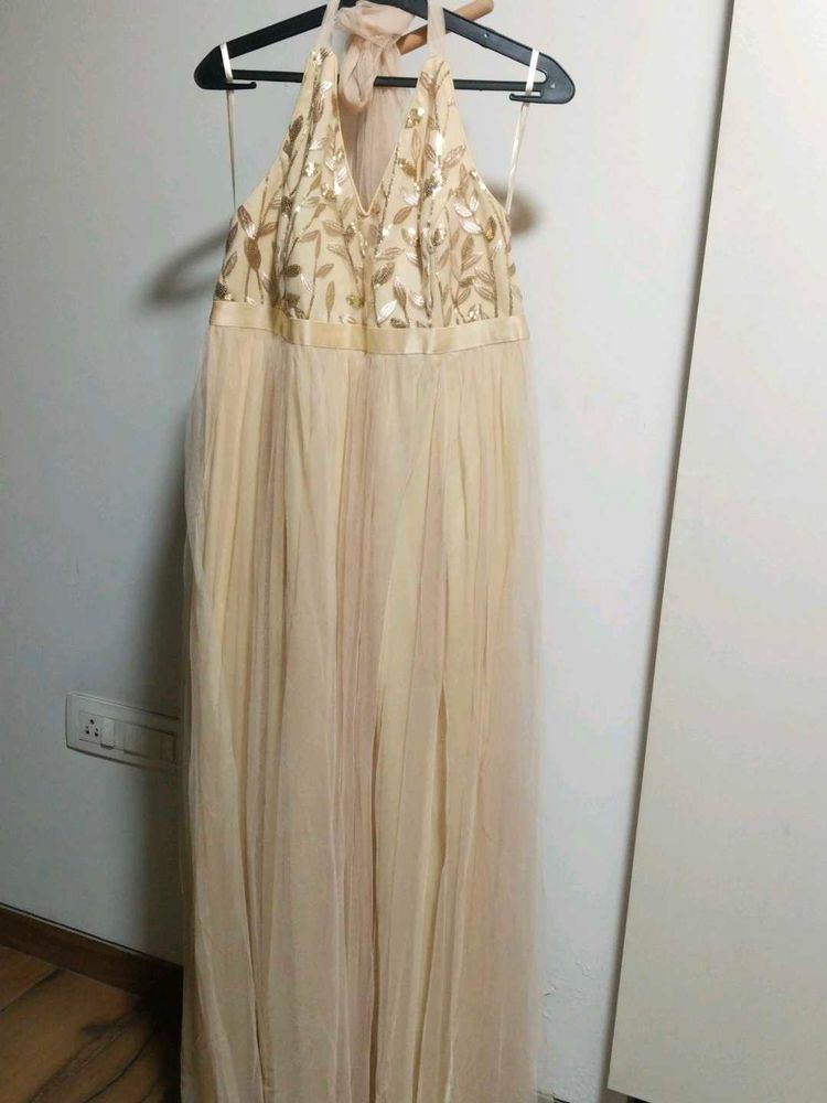 Elegant Beige Sequin Halter Gown