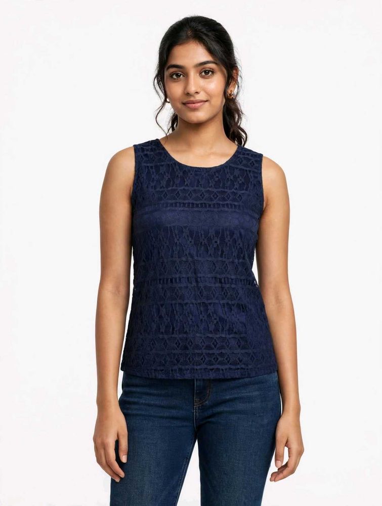 Navy Blue Lace Sleeveless Top