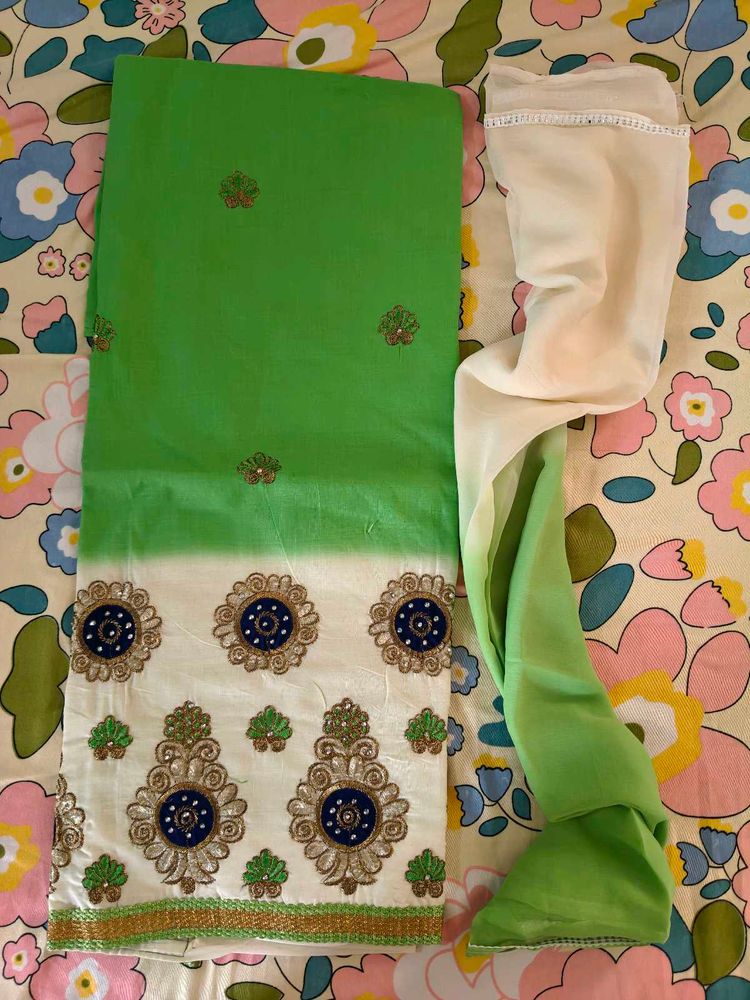 Green &amp; White Embroidered Kurta Set dress material