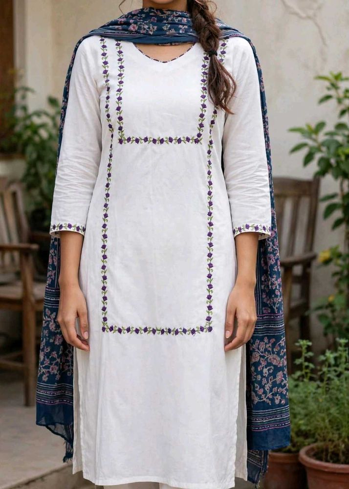 Elegant White Kurta Set with Purple Embroidery