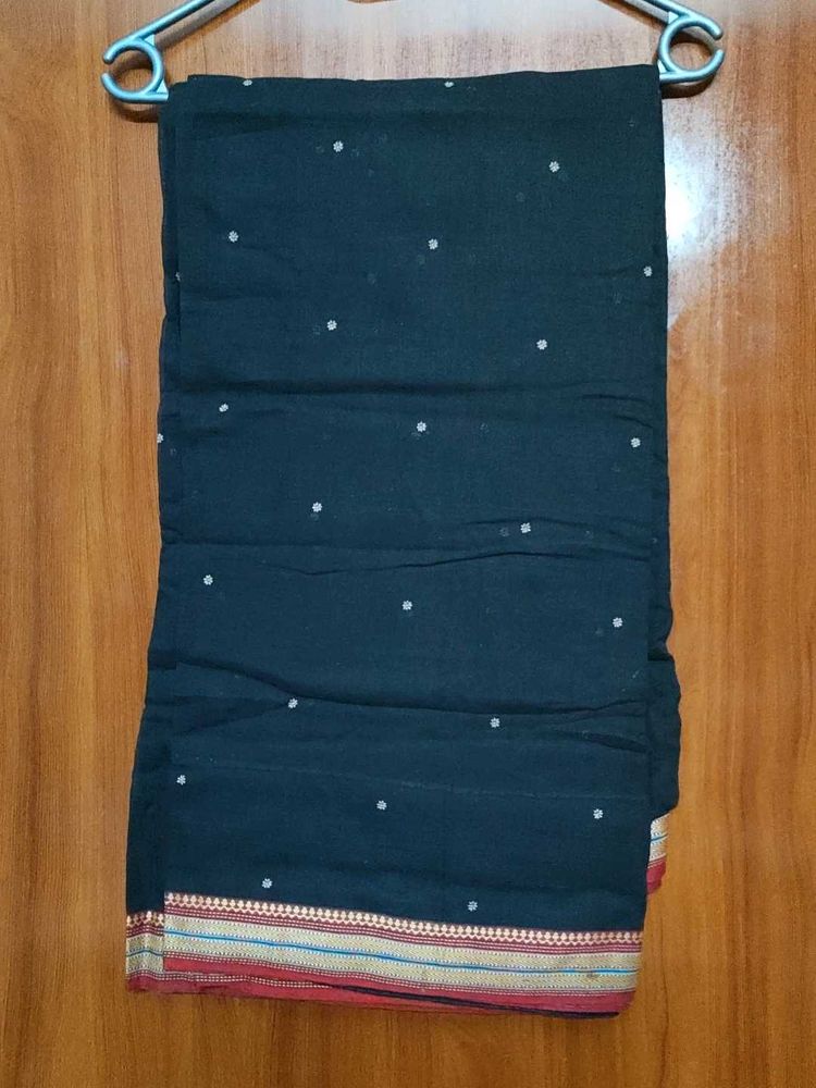 Elegant Black Saree with White motifs