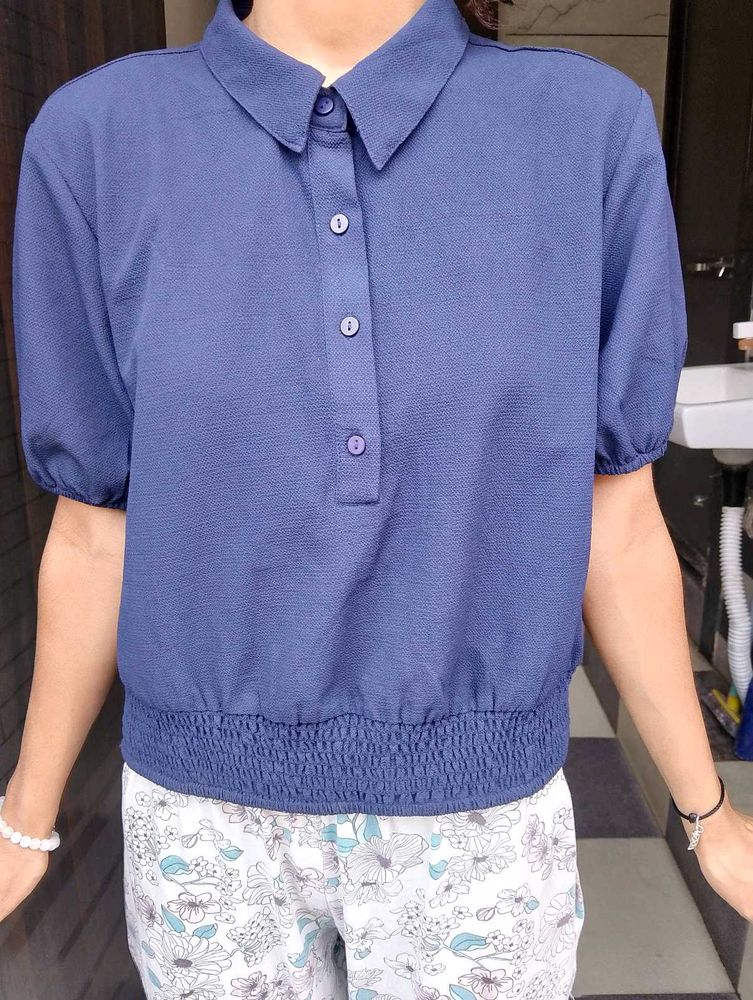 Stylish Blue Collared Short Sleeve Top