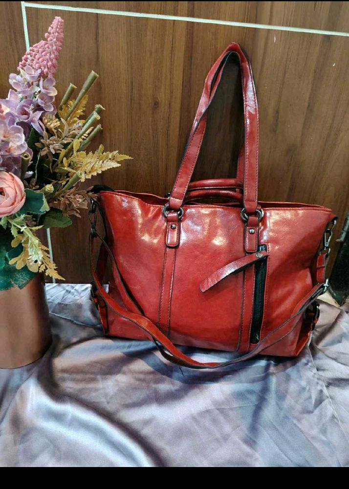 Chic Red Faux Leather Tote Bag