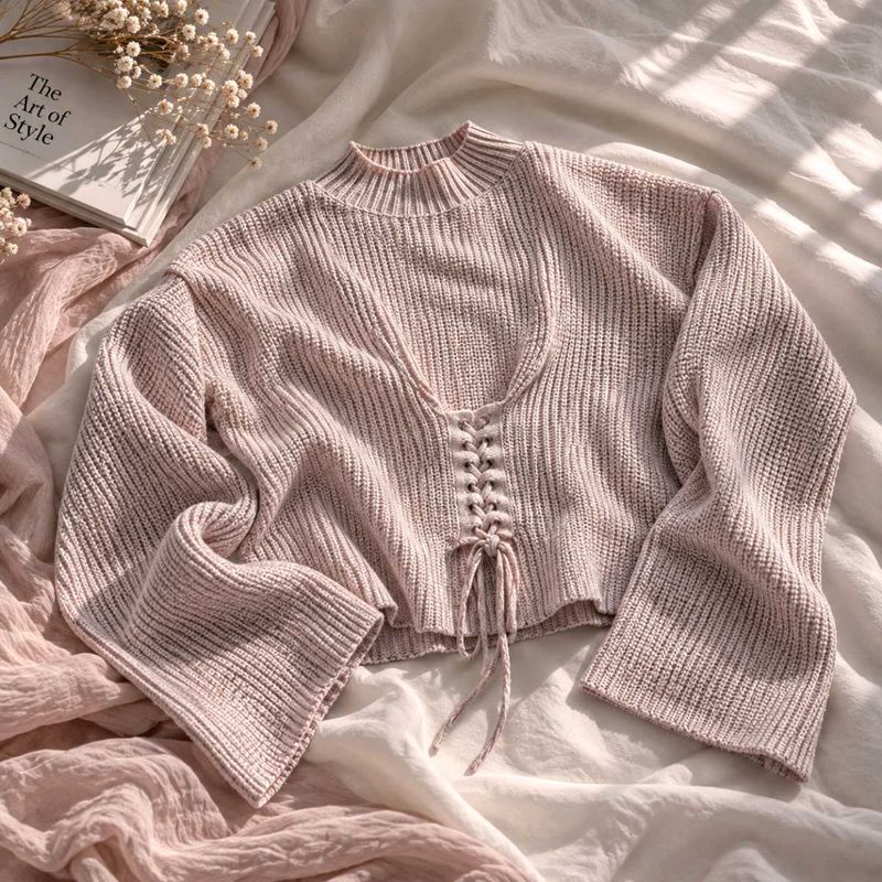 BLUSH PINK LACE-UP CROPPED KNIT SWEATER