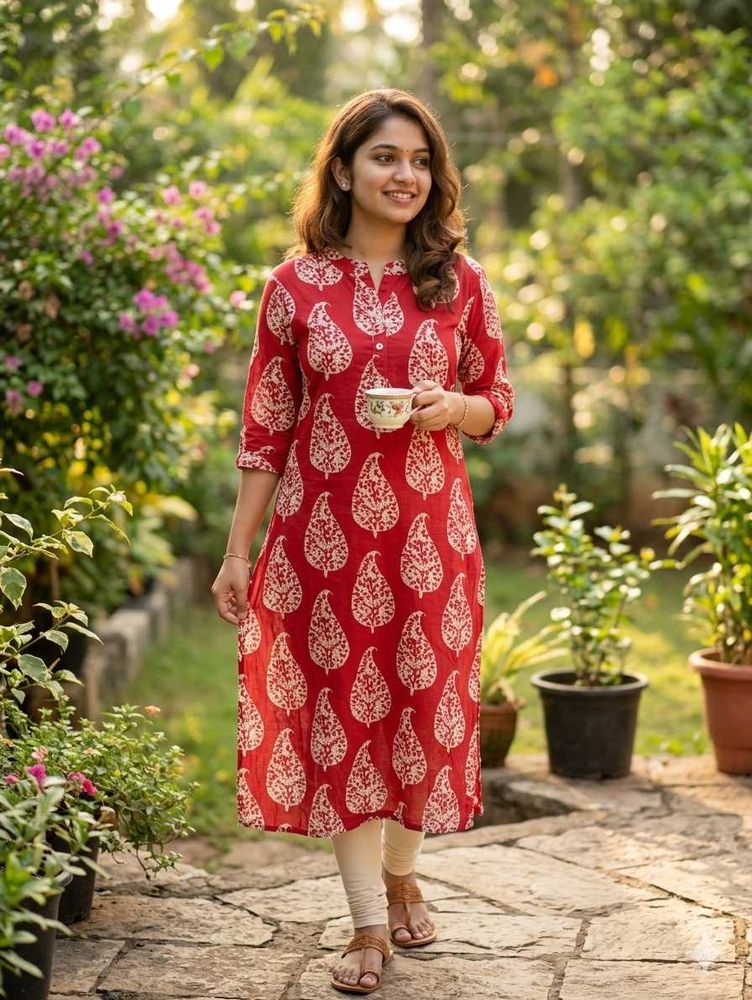 Red Block Print Cotton Kurta