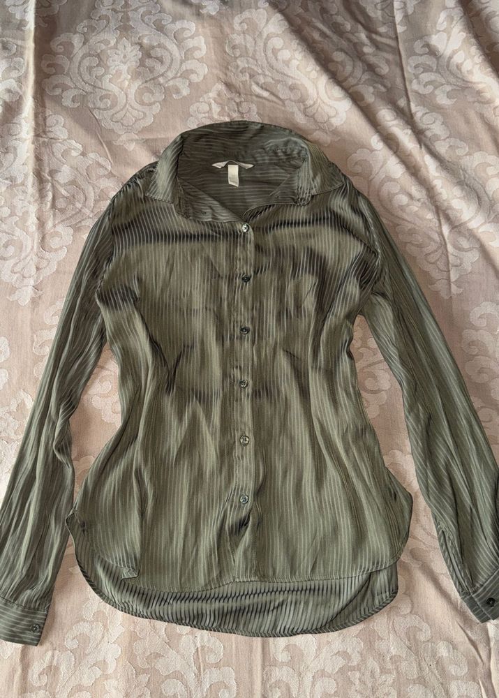 H&amp;M olive Striped Collared Shirt