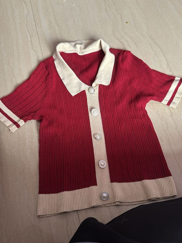 Red Knit Button-Down Top