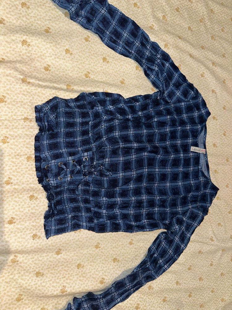 Blue Plaid Lace-Up Crop Top
