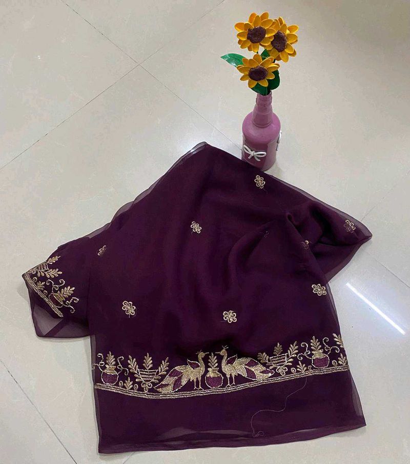 Elegant Purple Saree with Peacock Embroidery