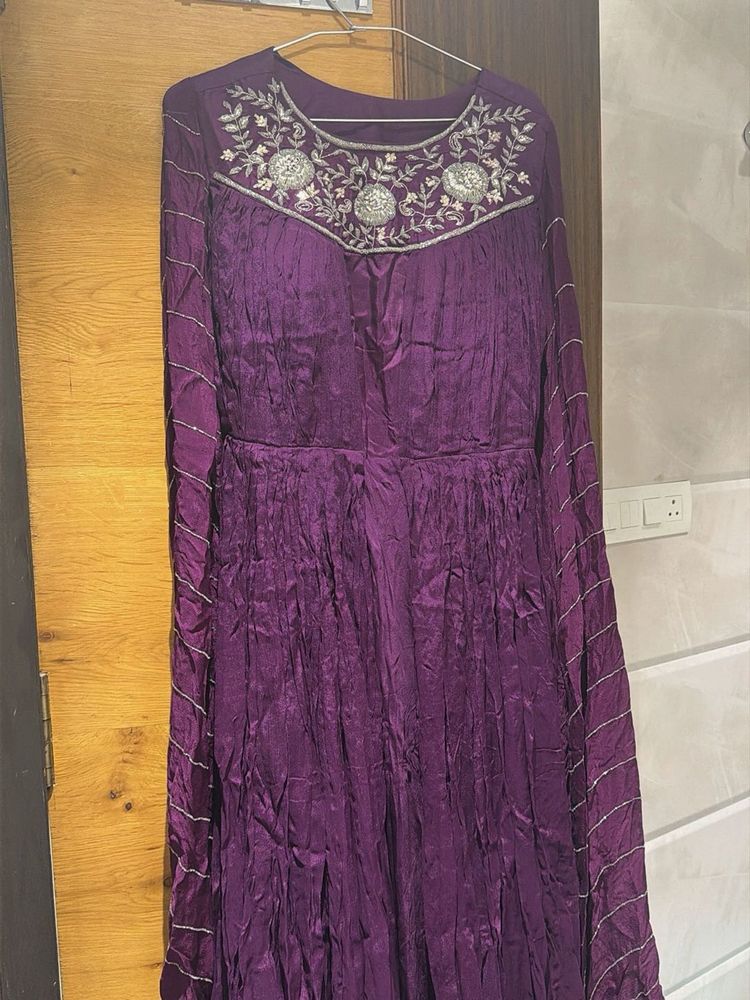 Elegant Embroidered Purple Gown with veil and belt