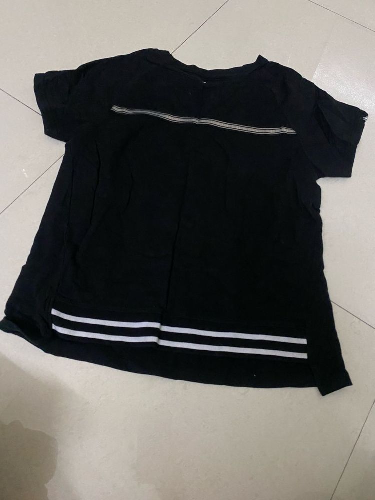 Black Casual T-Shirt with Stripe Detail