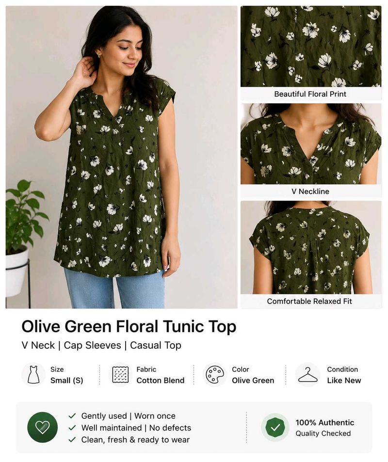 Olive Green Floral Tunic Top