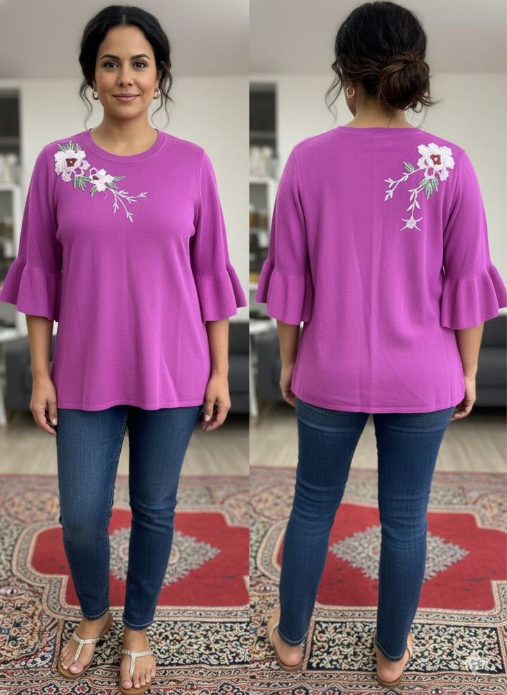 Floral Embroidered Ruffle Sleeve Top