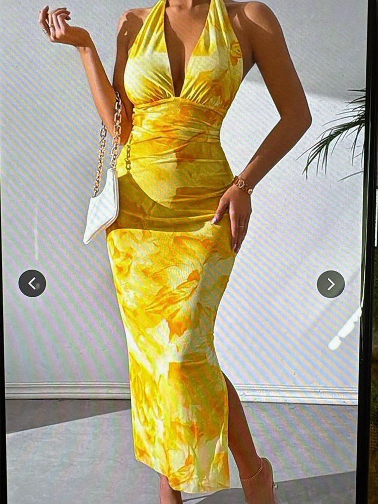 Vibrant Yellow Floral Halter Midi Dress