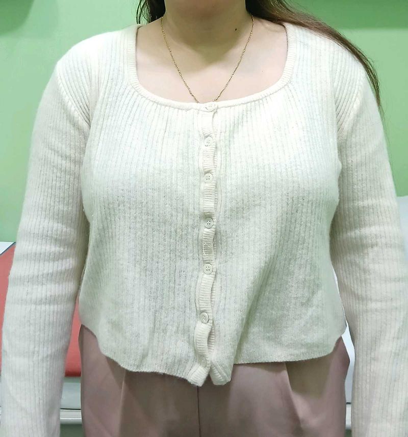 Cream Ribbed Button-Up Cardigan