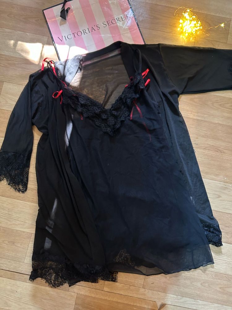 Black Lace Robe with mesh nighty 2 peice