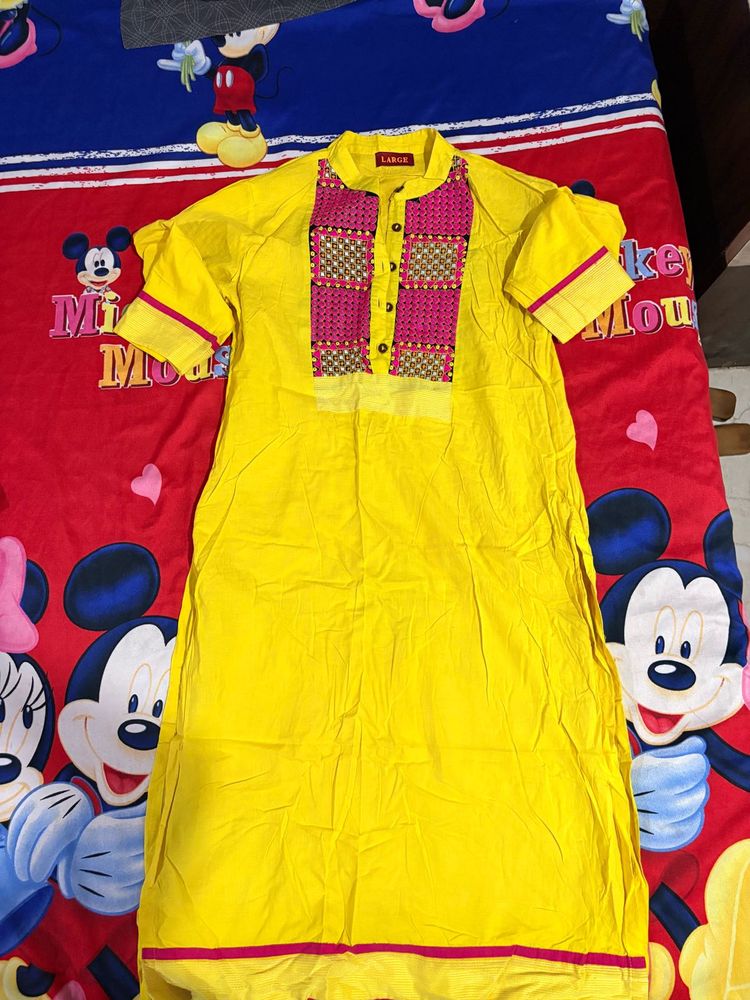 Vibrant Yellow Kurta with Pink Embellishment