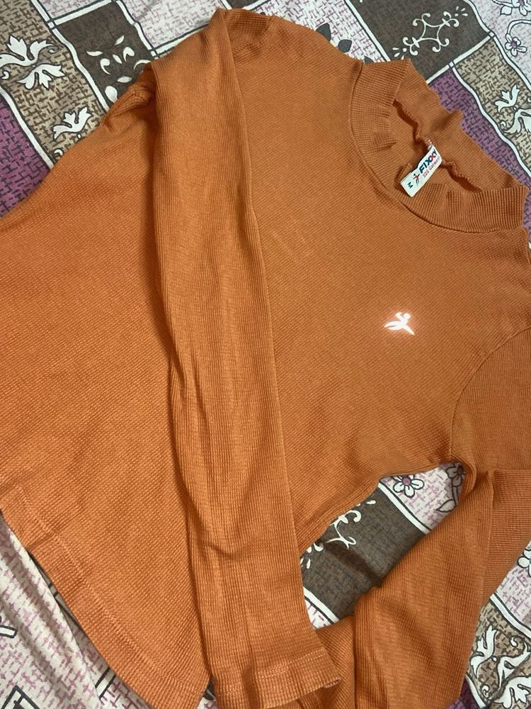 Orange Ribbed Long Sleeve Top