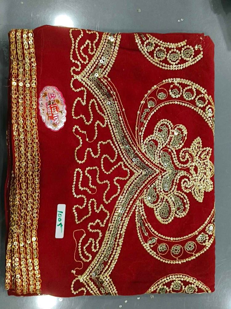 Red Velvet Saree with Gold Embroidery