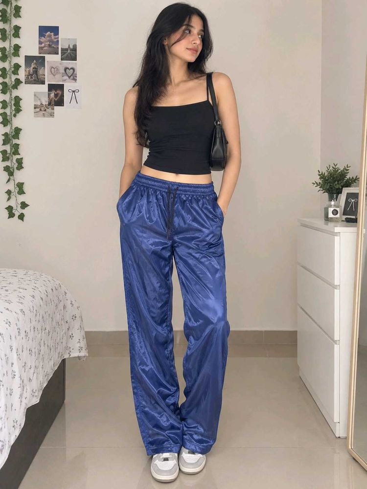 Blue Shiny Wide Leg Pants