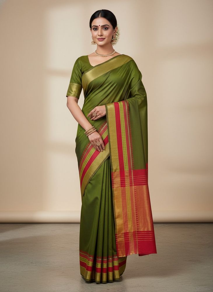 Elegant Olive Green Saree with Red Border