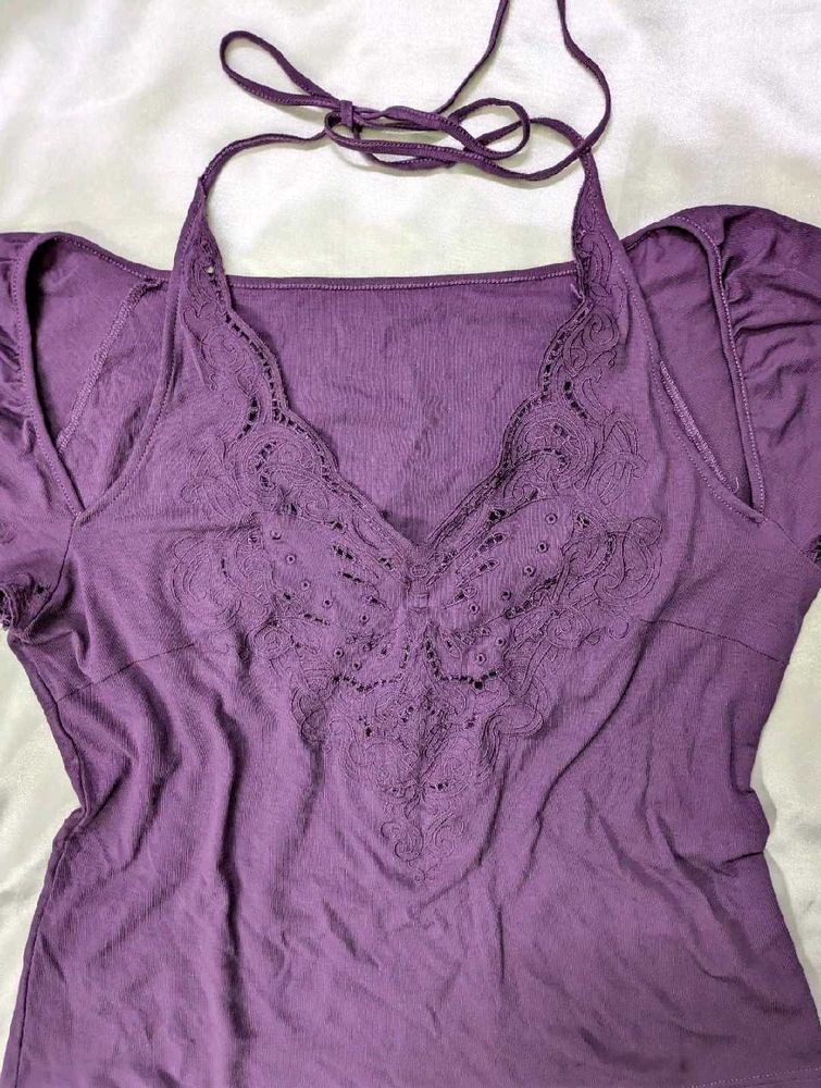 Purple Halter Neck Top with Lace Detail