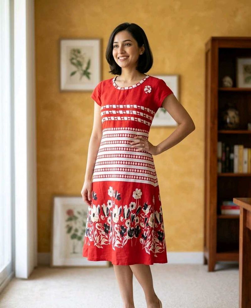 Red Floral Print Midi Dress