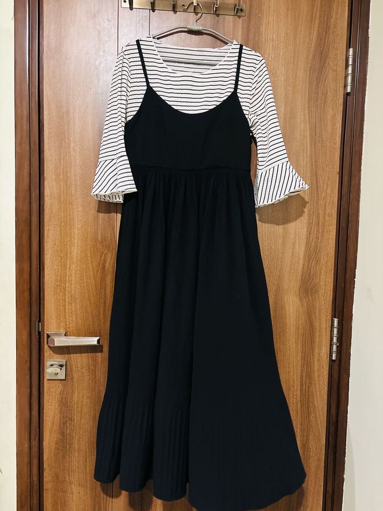 Striped Sleeve Dress with Black Overlay