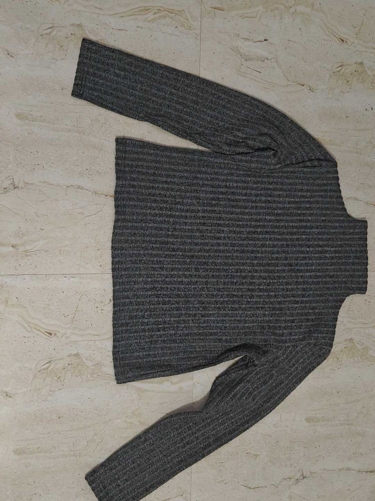 Grey Striped Turtleneck Top