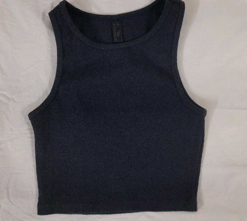 Navy Blue Ribbed Racer Back Sleeveless Crop Top