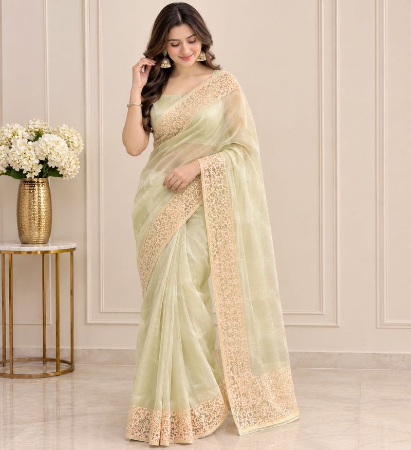 Elegant Light Green Embroidered Saree