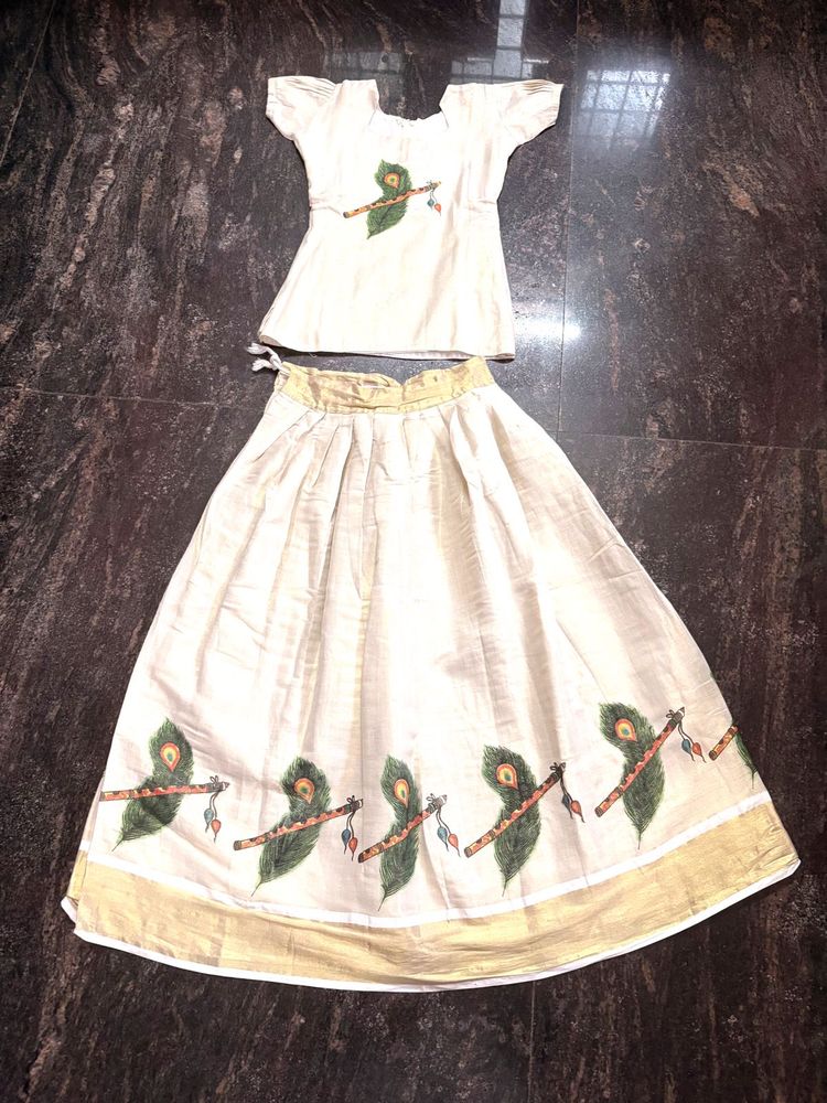 Onam special patupavada. Traditional White Lehenga