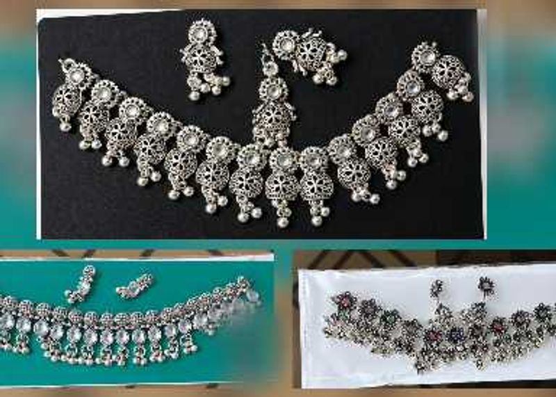 3 sets of Oxidised Silver Necklace &amp; Earring Se