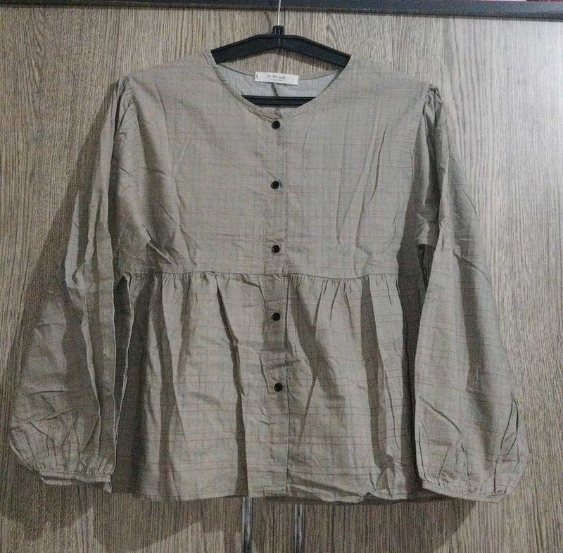 korean olive light green Checkered Long Sleeve Top