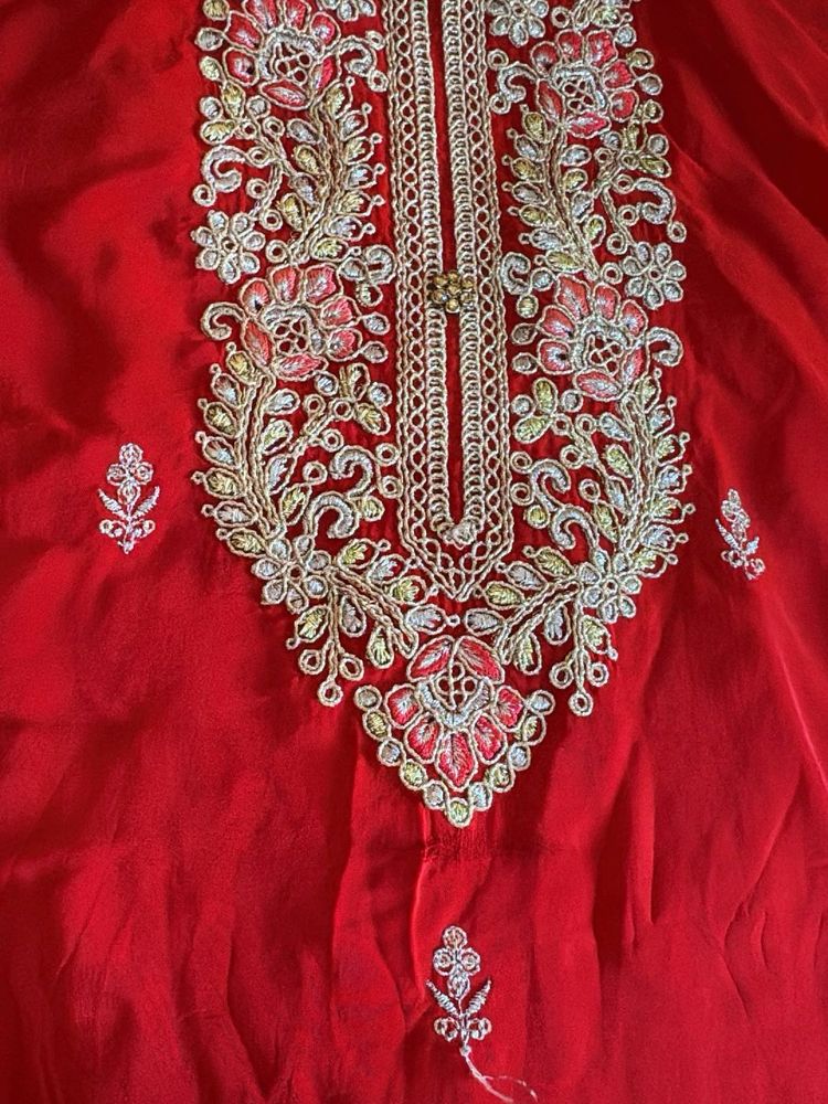 Red Embroidered Silk Blend Suit