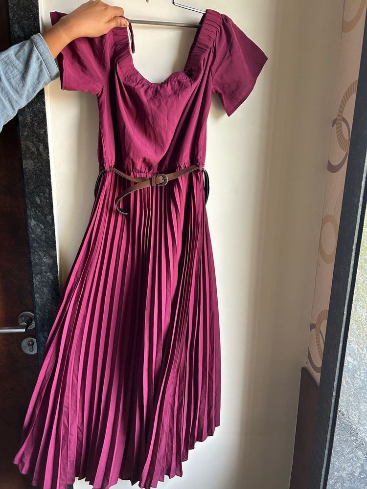 off shoulder pleat dress