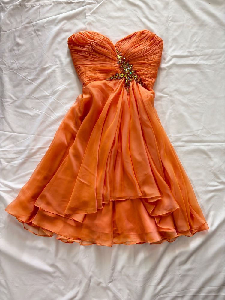 Strapless Orange Beaded Party Dress