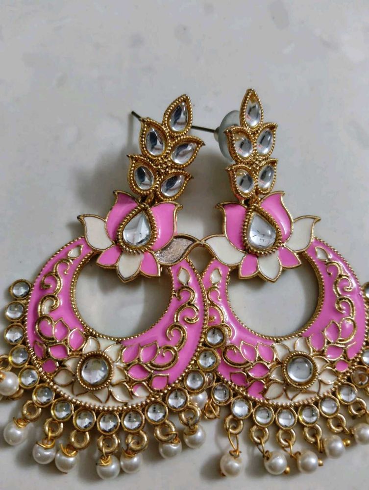 Stunning Pink &amp; White Ethnic kundan Earrings