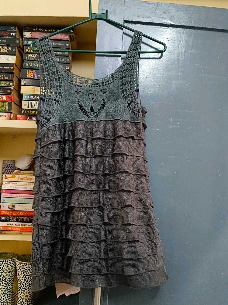 Chic Grey Ruffle Dress with Lace Detail