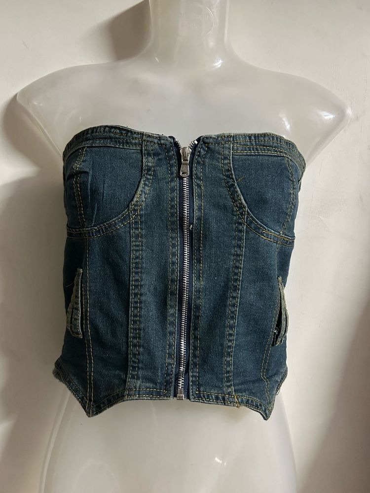 Denim Strapless Zipper Top