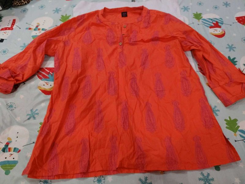 Orange Kurta with Pink Paisley Print