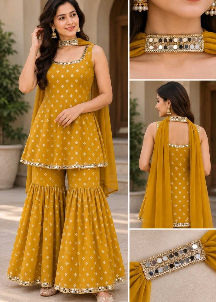 Yellow Sharara Suit Set with Mirror Work