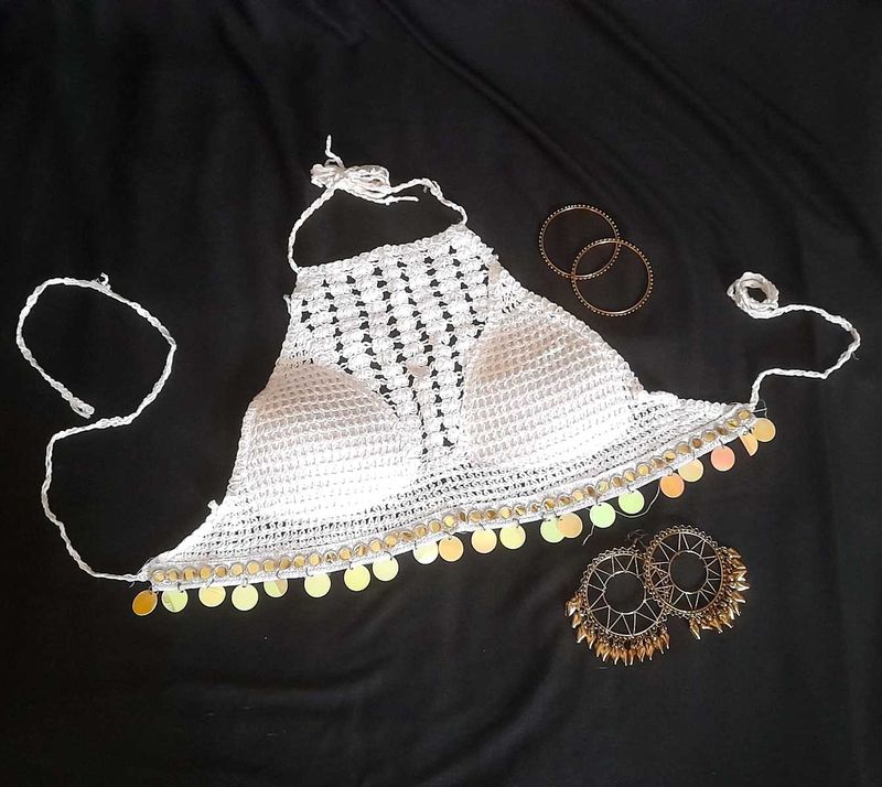 Navratri special crocheted Off White Top w Sequin