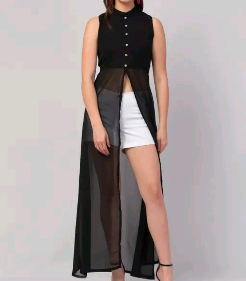 Sleeveless Button-Down Sheer Duster
