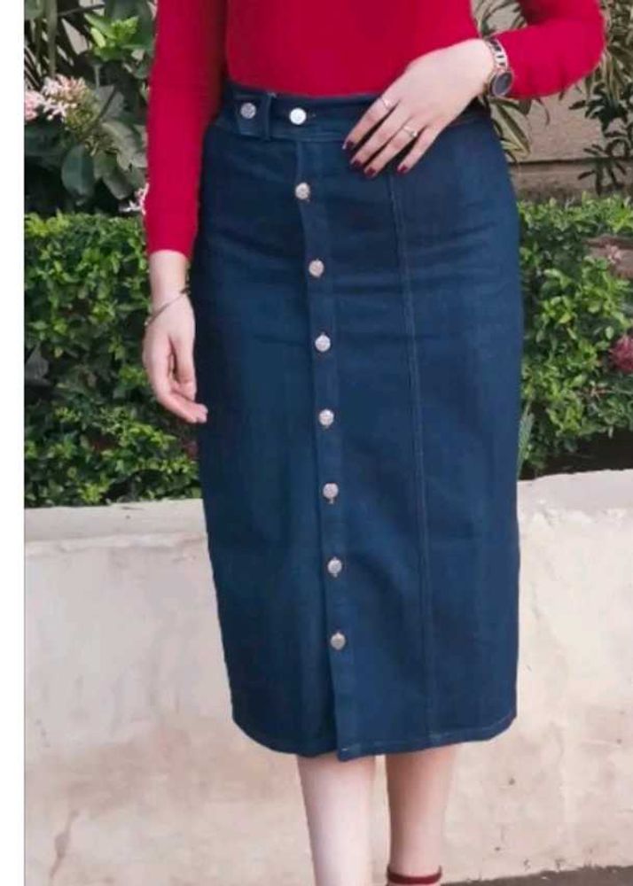 Classic Denim Button-Front Midi Skirt