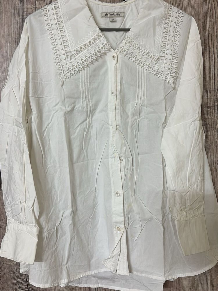 White Lace Collar Button-Up Shirt