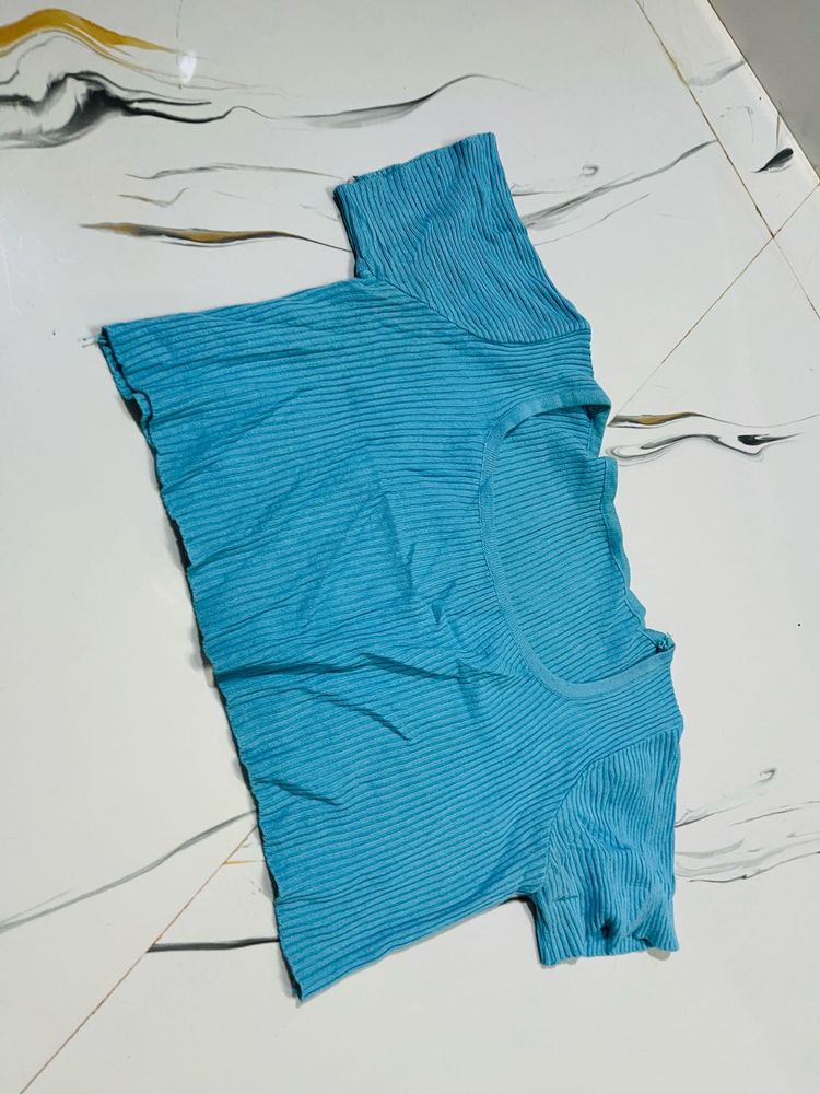Blue Ribbed Short Sleeve crop Top